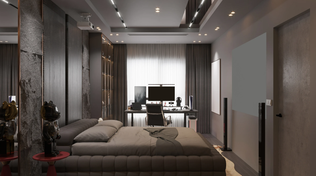 Suíte master luxuosa com design de bem-estar, iluminação moderna e espaço para home office em South Tampa.
