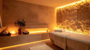 High-end residential spa and treatment room design with luxurious stone textures and soft lighting.